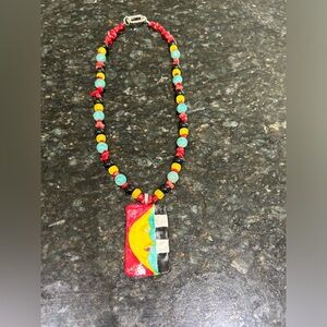 Handpainted signed clay pendant Wagnerite, Coral,black Jade,yellow glass beads